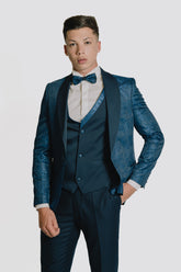 Abito taglio smoking blu damascato con gilet